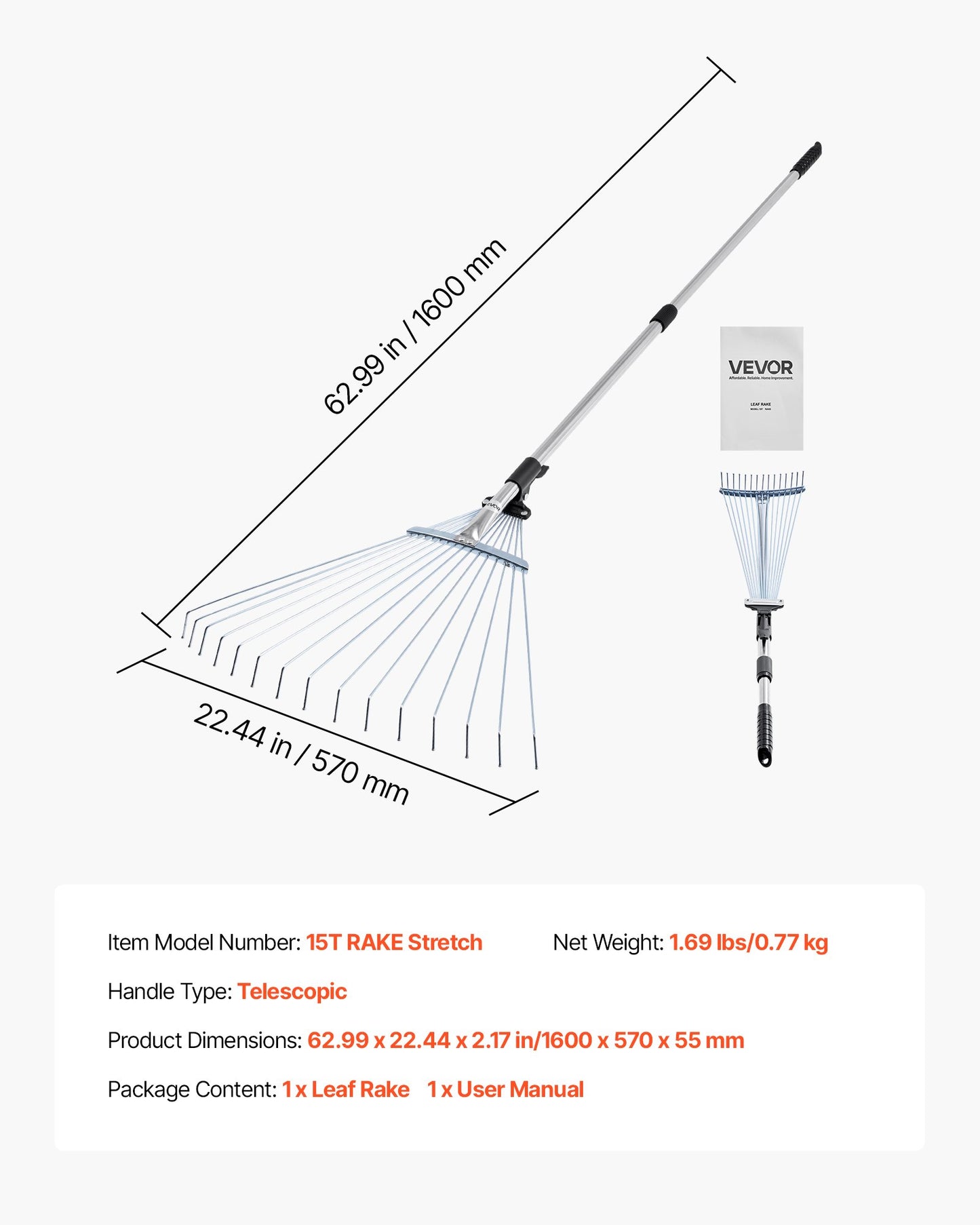 Laubharken, 15 Metallzinken, verstellbarer Gartenharken für Rasenflächen mit 19-57 cm breitem Kopf und 81,3-160 cm langem Stiel, robustes Werkzeug aus Edelstahl für kleine Blätter, geeignet für Gartenarbeit, Camping, Hof und Rasen