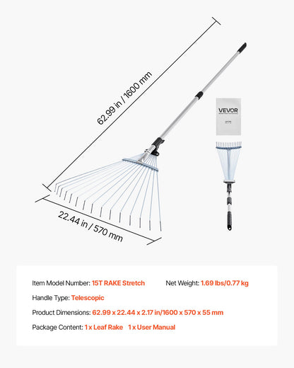 Laubharken, 15 Metallzinken, verstellbarer Gartenharken für Rasenflächen mit 19-57 cm breitem Kopf und 81,3-160 cm langem Stiel, robustes Werkzeug aus Edelstahl für kleine Blätter, geeignet für Gartenarbeit, Camping, Hof und Rasen