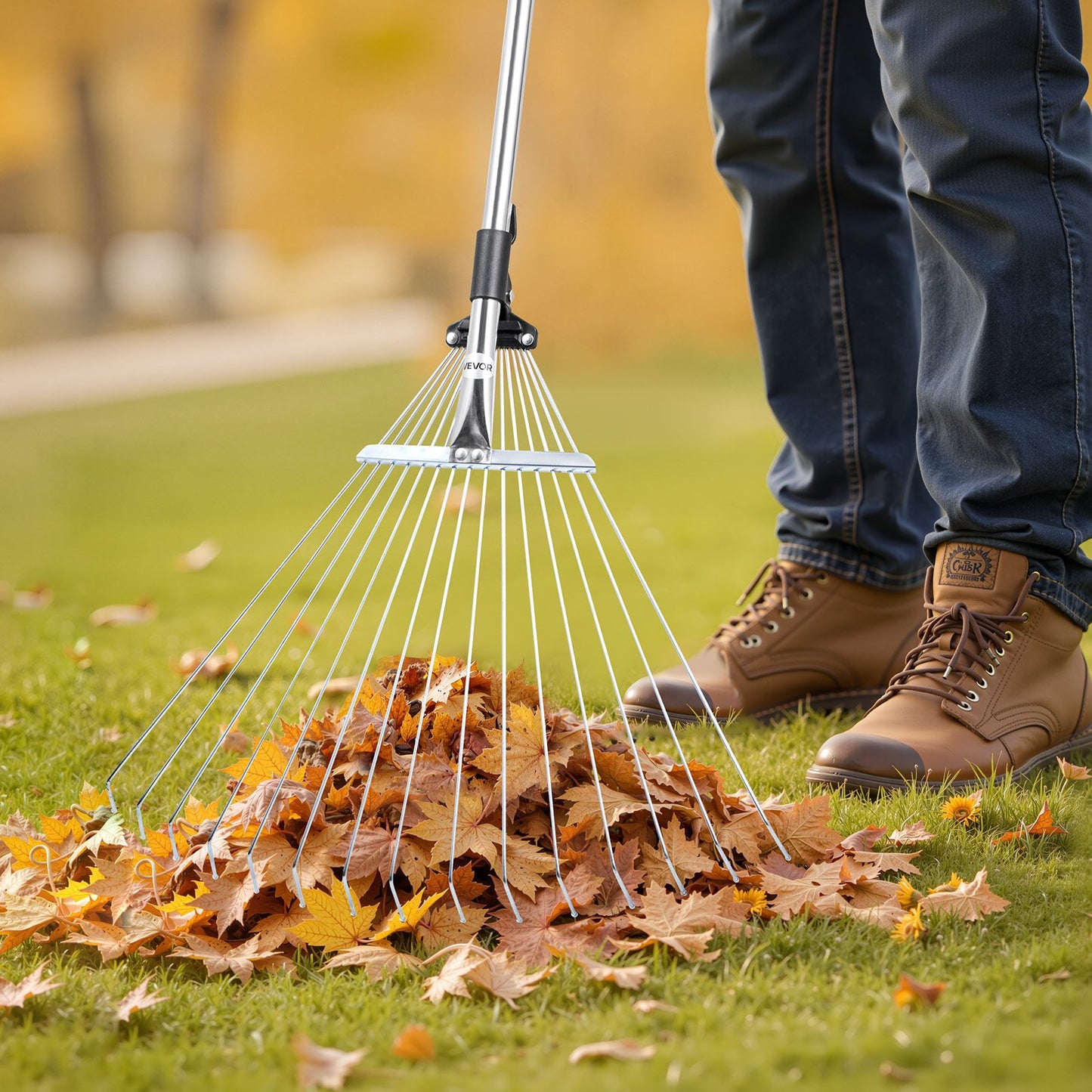 Laubharken, 15 Metallzinken, verstellbarer Gartenharken für Rasenflächen mit 19-57 cm breitem Kopf und 81,3-160 cm langem Stiel, robustes Werkzeug aus Edelstahl für kleine Blätter, geeignet für Gartenarbeit, Camping, Hof und Rasen