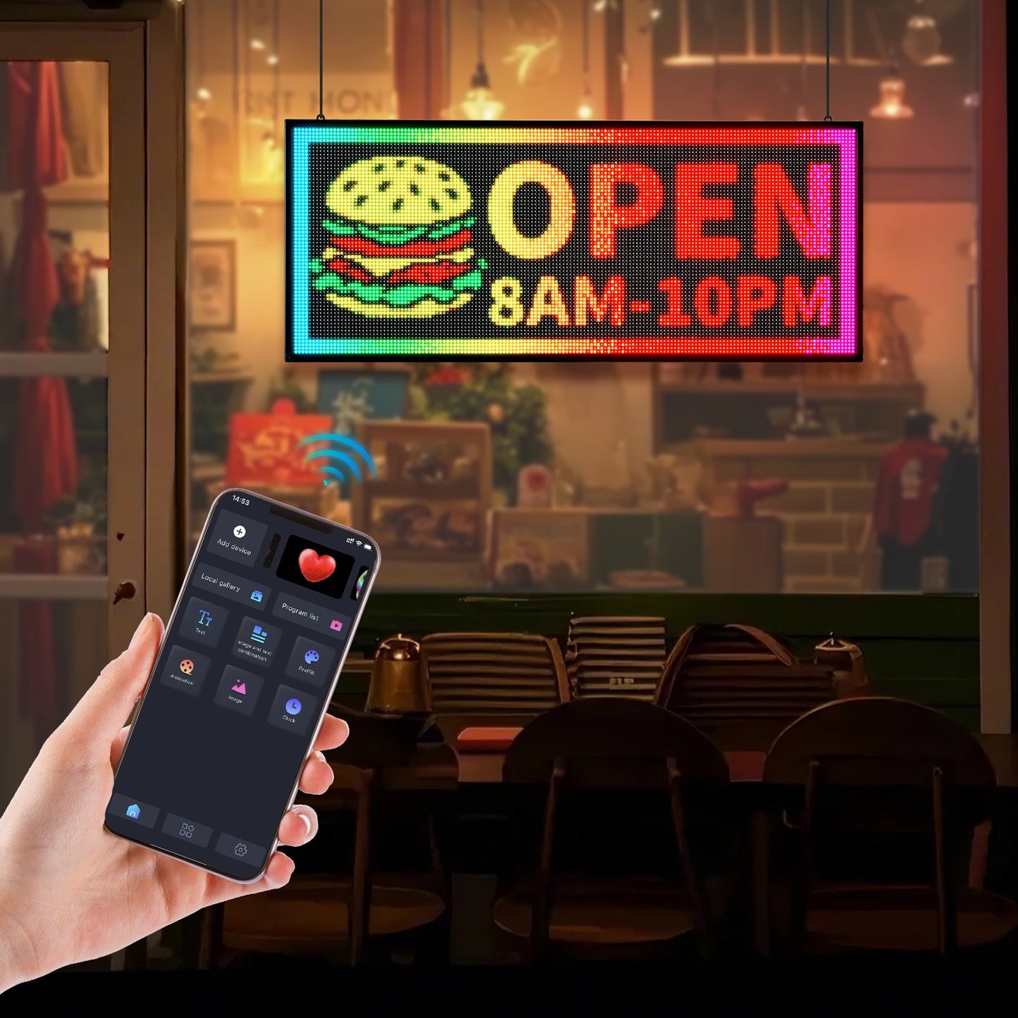 Programmable LED Sign, P6 Full Color Flexible Digital Scrolling Panel, DIY Custom Text Pattern GIF Display Board, Bluetooth APP Control Message Shop Sign for Store Business Advertising, 40x18 in