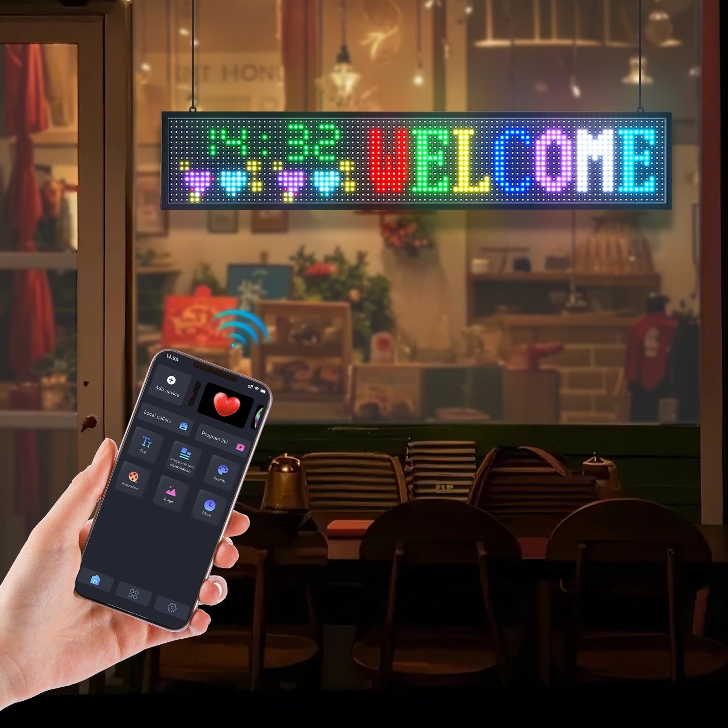 Programmable LED Sign, P10 Full Color Flexible Digital Scrolling Panel, DIY Custom Text Pattern GIF Display Board, Bluetooth APP Control Message Shop Sign for Store Business Advertising, 40x8 in