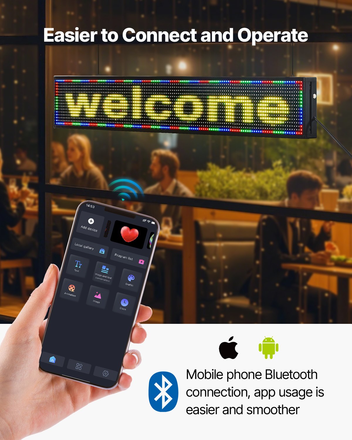 Programmable LED Sign, P10 Full Color Flexible Digital Scrolling Panel, DIY Custom Text Pattern GIF Display Board, Bluetooth APP Control Message Shop Sign for Store Business Advertising, 52x8 in