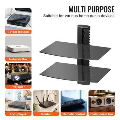 Schwebende Glasregale, Tragkraft bis zu 8 kg, TV-Wandhalterung mit Ablage, Verstärktes schwebendes Entertainment-Center für DVD-Player / PS4 / Kabelreceiver / Spielkonsolen / Sky-Box / TV-Zubehör - 2 Ebenen