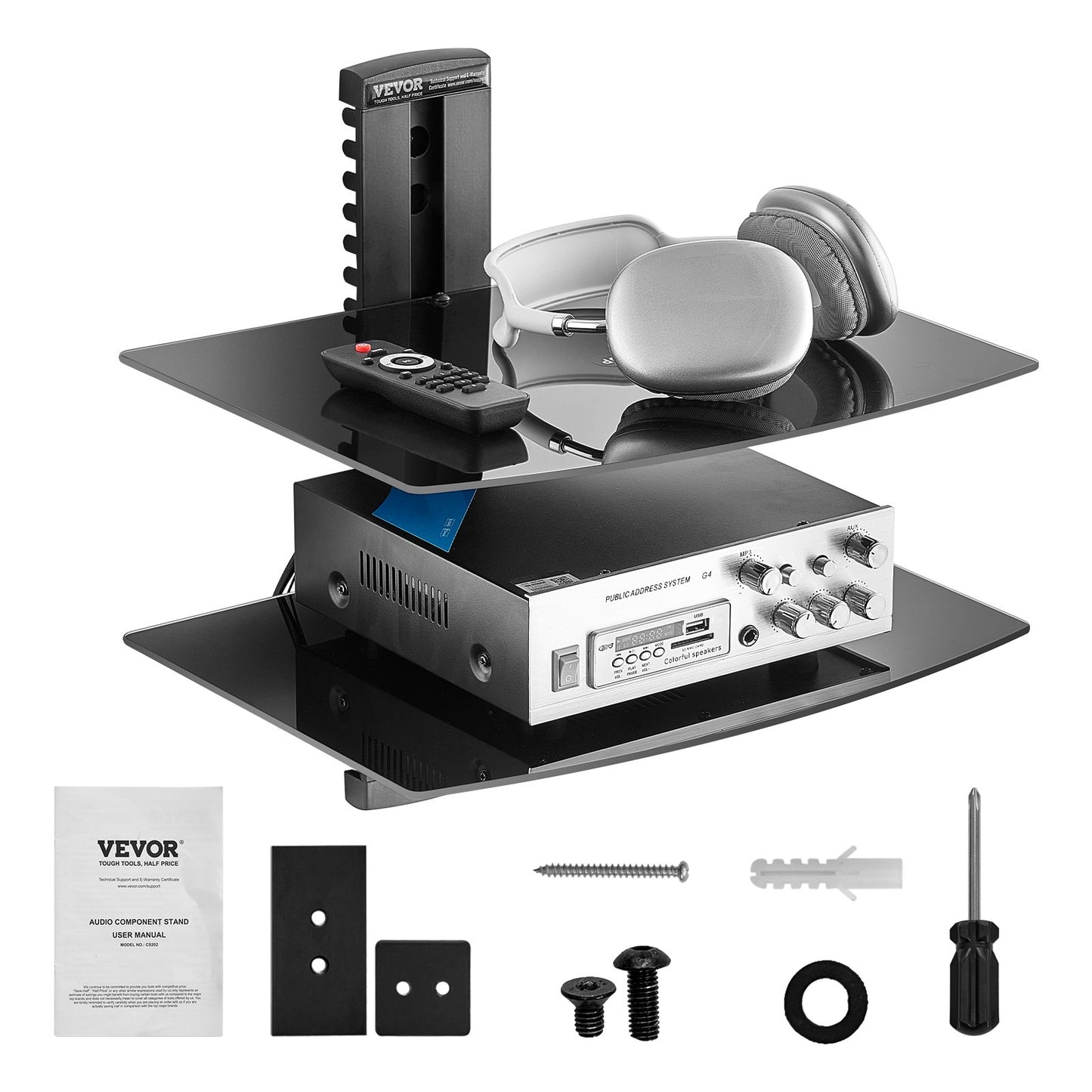 Schwebende Glasregale, Tragkraft bis zu 8 kg, TV-Wandhalterung mit Ablage, Verstärktes schwebendes Entertainment-Center für DVD-Player / PS4 / Kabelreceiver / Spielkonsolen / Sky-Box / TV-Zubehör - 2 Ebenen