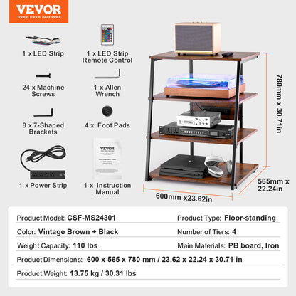 4-Tier AV Media Stand with Power Strips, Corner TV Stand with LED Lights, Height Adjustable Wooden Shelves for DVD Players/Cable Boxes/Games Consoles, Brown
