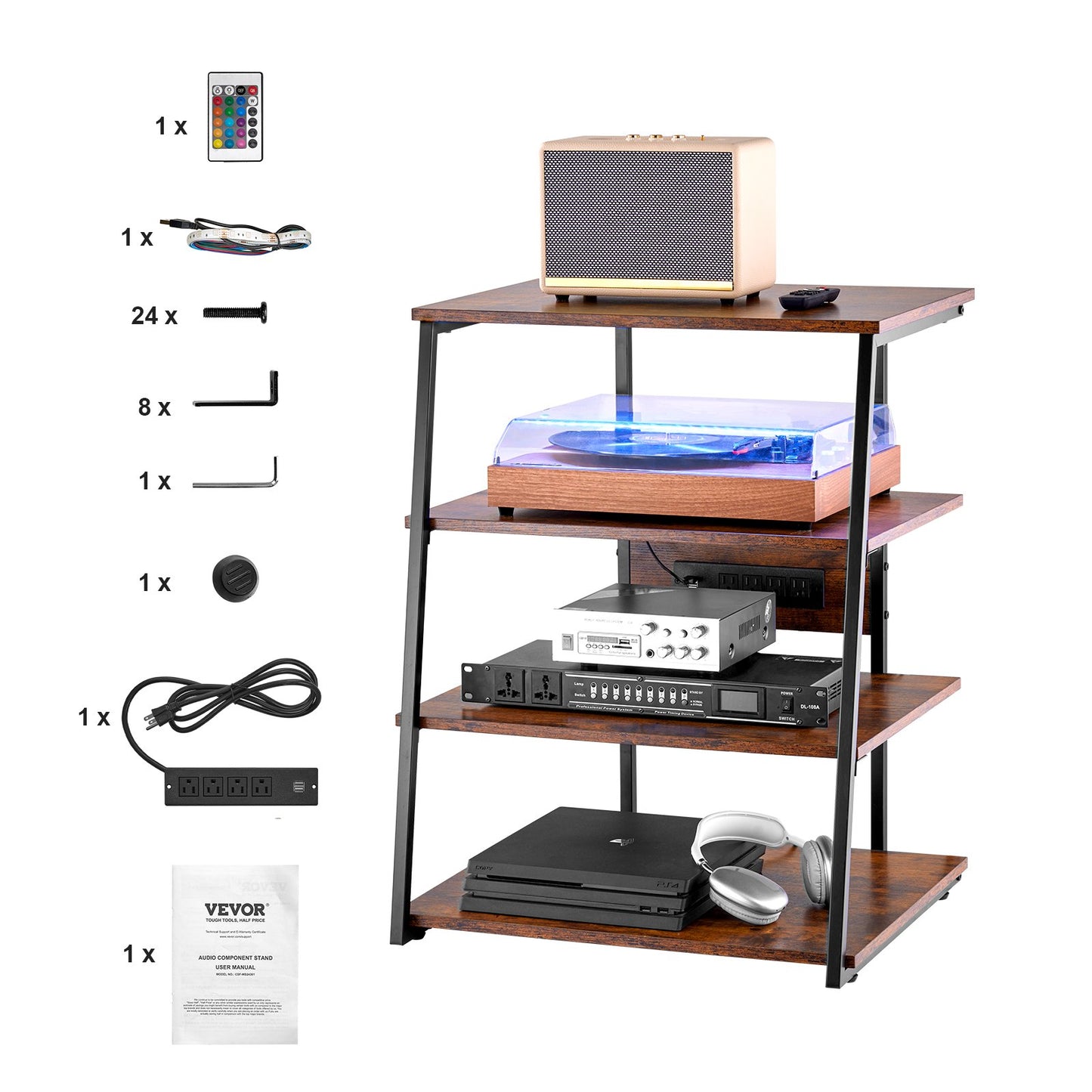 4-Tier AV Media Stand with Power Strips, Corner TV Stand with LED Lights, Height Adjustable Wooden Shelves for DVD Players/Cable Boxes/Games Consoles, Brown