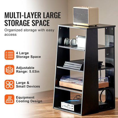 5-stufiger AV-Medienständer aus Holz für DVD-Player, Kabelreceiver und Spielekonsolen, höhenverstellbarer Medienschrank für Gaming- und Aufnahmestudios, Schwarz