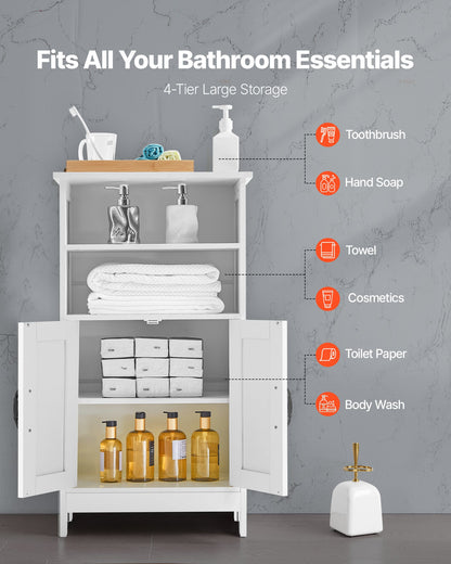 Bathroom Floor Cabinet, 4-Tier, Wooden Storage Organizer with 2 Doors and Adjustable Shelf, Modern Bathroom Furniture Home Decor Freestanding Cupboard for Kitchen/Living Room/Entryway Use, White