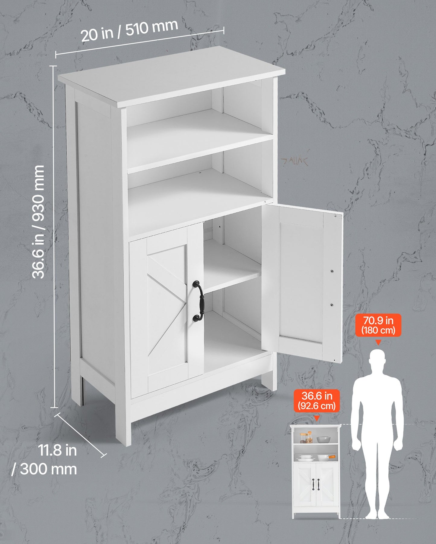 Bathroom Floor Cabinet, 4-Tier, Wooden Storage Organizer with 2 Doors and Adjustable Shelf, Modern Bathroom Furniture Home Decor Freestanding Cupboard for Kitchen/Living Room/Entryway Use, White