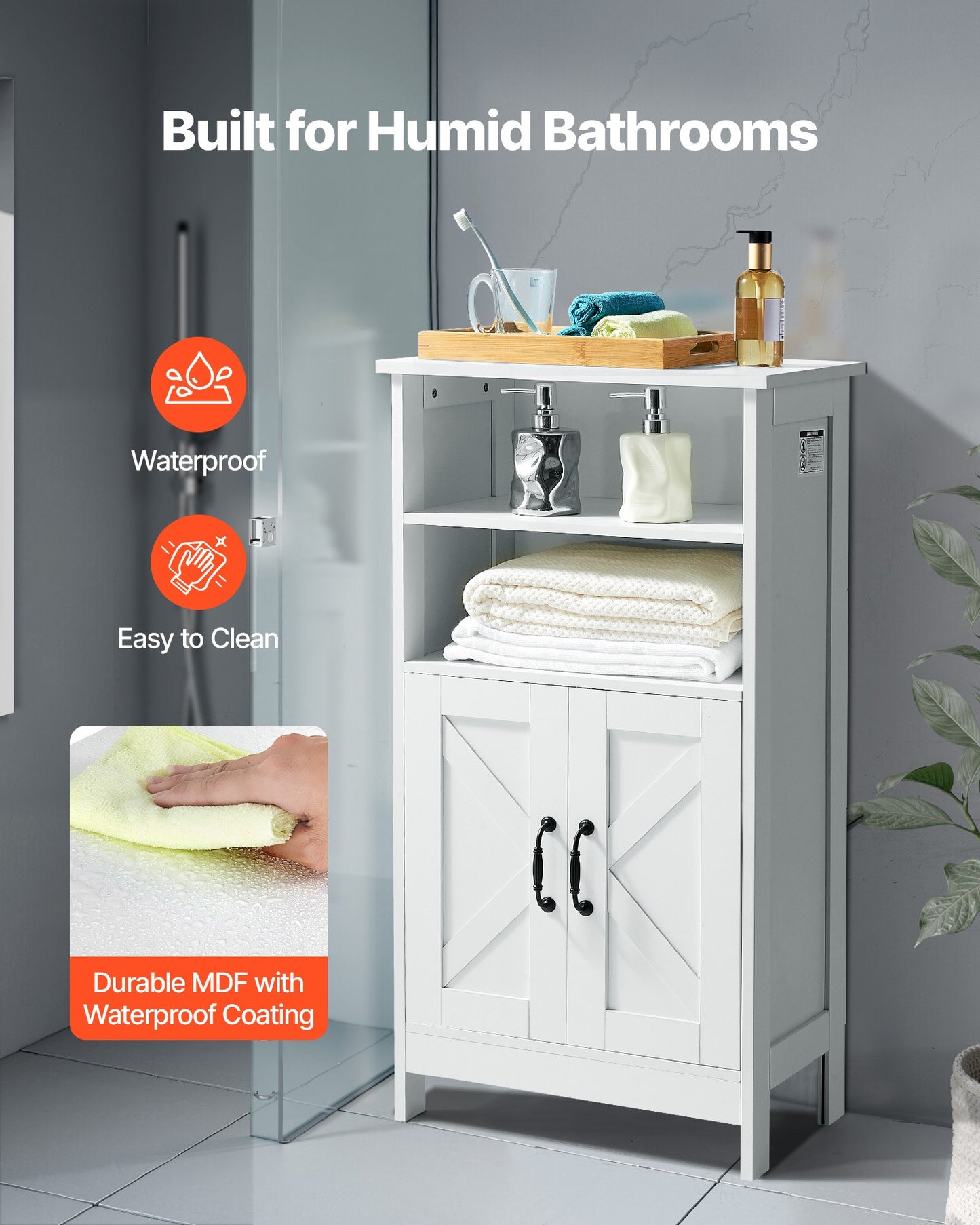 Bathroom Floor Cabinet, 4-Tier, Wooden Storage Organizer with 2 Doors and Adjustable Shelf, Modern Bathroom Furniture Home Decor Freestanding Cupboard for Kitchen/Living Room/Entryway Use, White