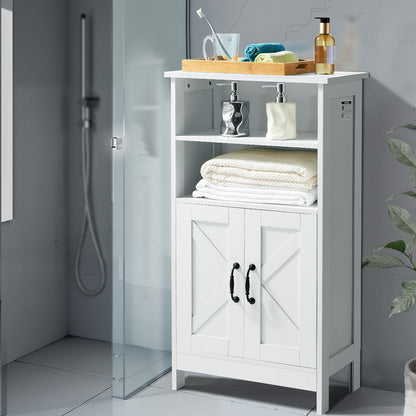 Bathroom Floor Cabinet, 4-Tier, Wooden Storage Organizer with 2 Doors and Adjustable Shelf, Modern Bathroom Furniture Home Decor Freestanding Cupboard for Kitchen/Living Room/Entryway Use, White