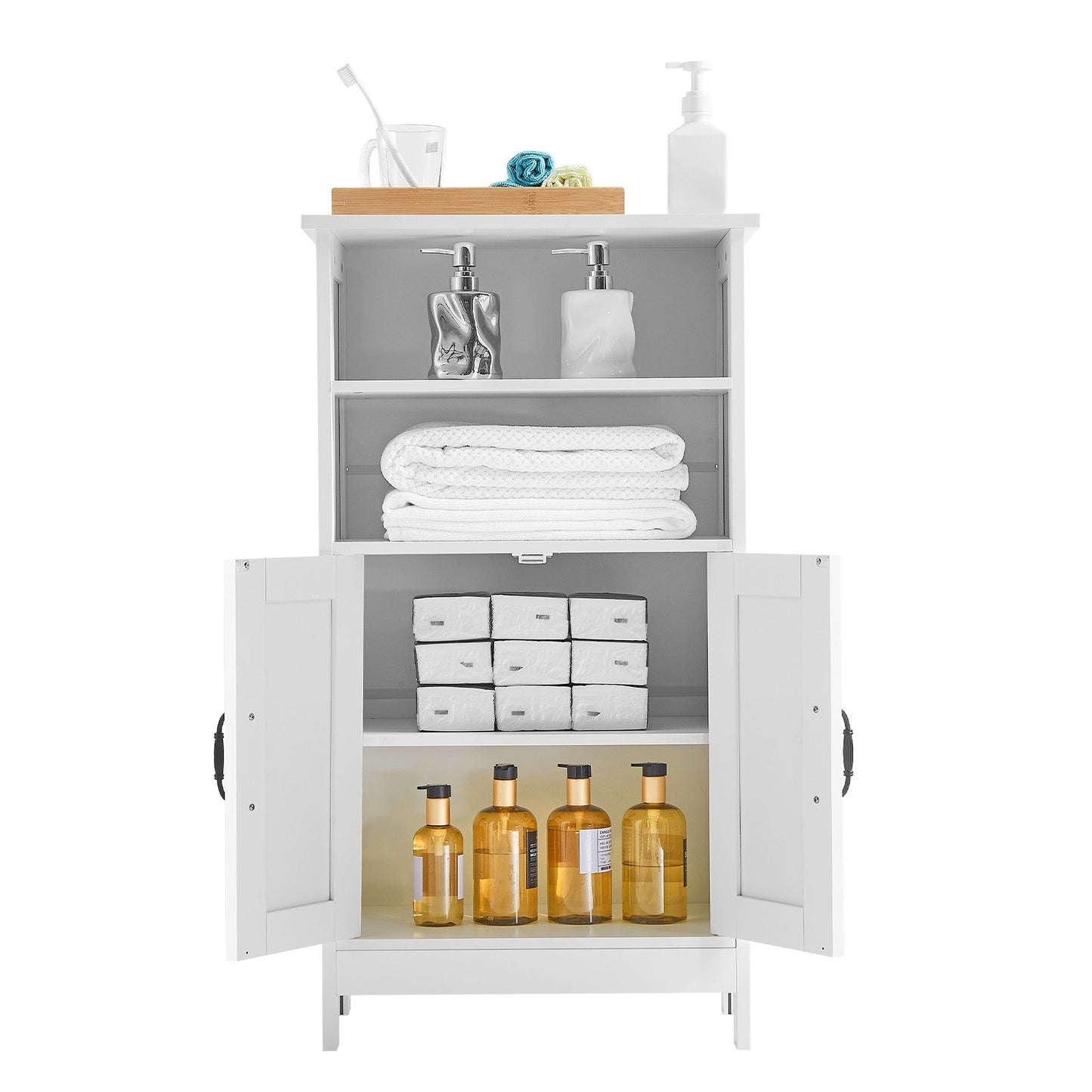 Bathroom Floor Cabinet, 4-Tier, Wooden Storage Organizer with 2 Doors and Adjustable Shelf, Modern Bathroom Furniture Home Decor Freestanding Cupboard for Kitchen/Living Room/Entryway Use, White