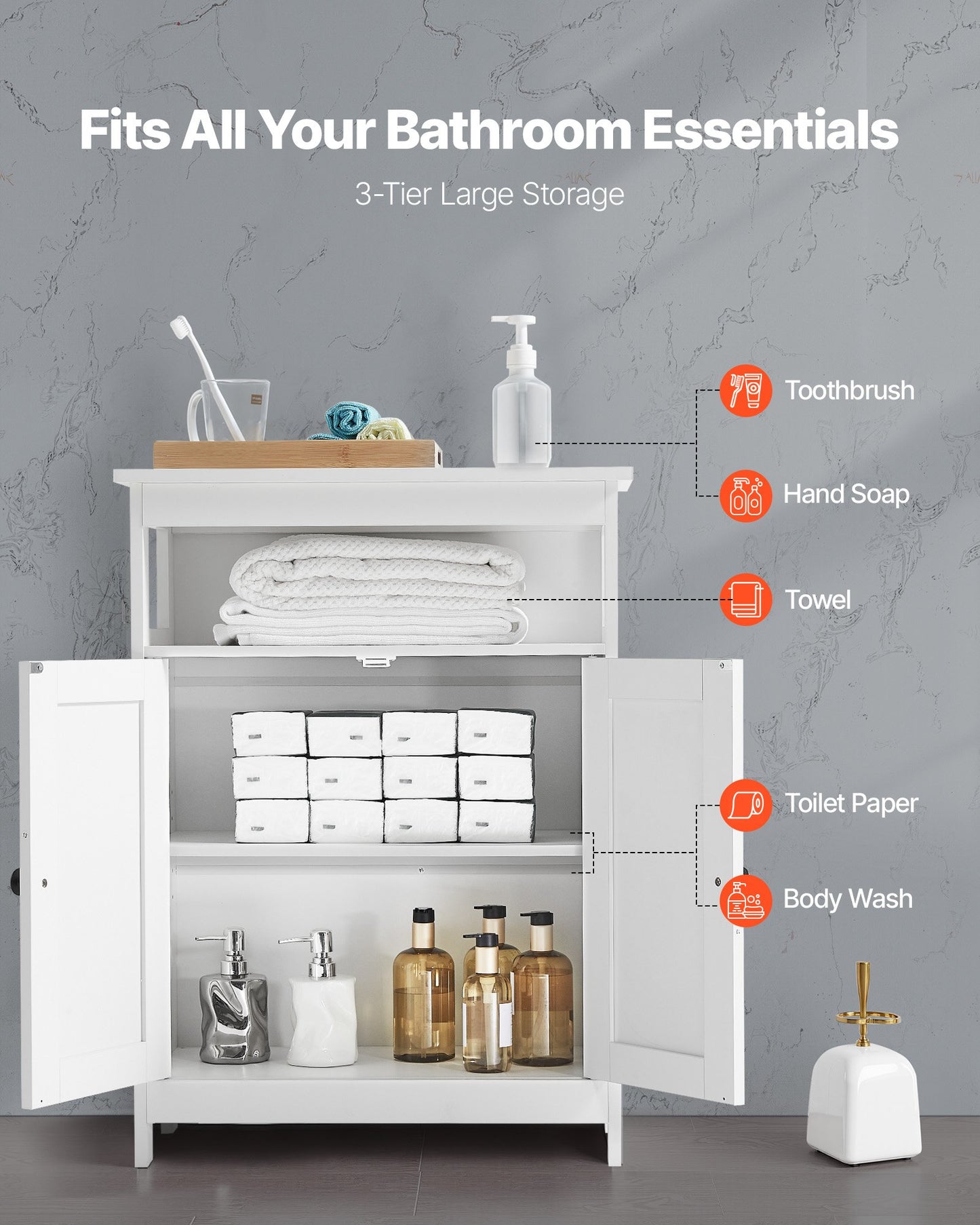 Bathroom Floor Cabinet, 3-Tier, Wooden Storage Organizer with 2 Doors and Adjustable Shelf, Modern Bathroom Furniture Home Decor Freestanding Cupboard for Kitchen/Living Room/Entryway Use, White