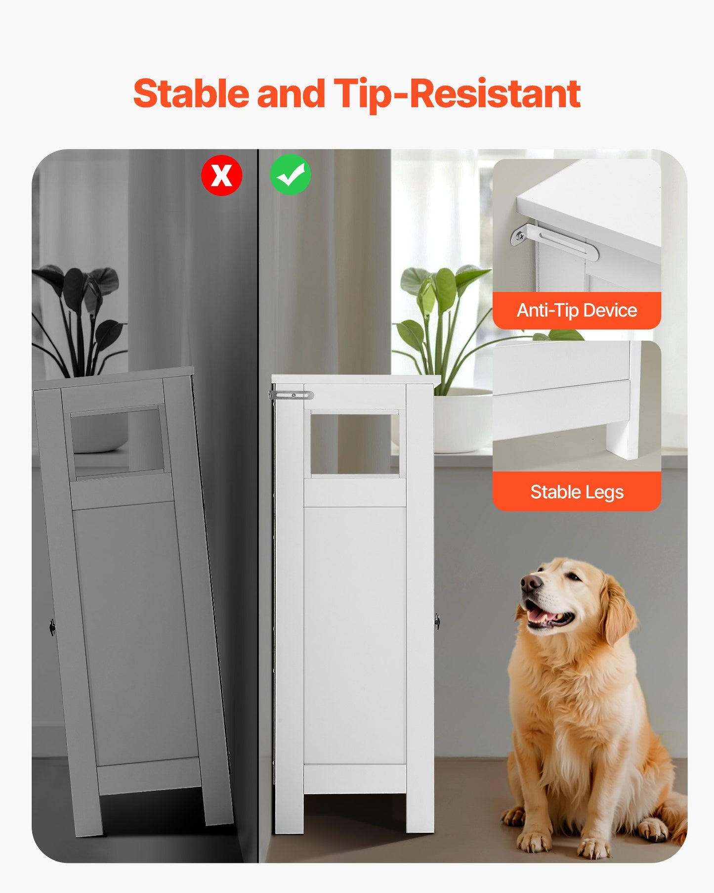 Bathroom Floor Cabinet, 3-Tier, Wooden Storage Organizer with 2 Doors and Adjustable Shelf, Modern Bathroom Furniture Home Decor Freestanding Cupboard for Kitchen/Living Room/Entryway Use, White