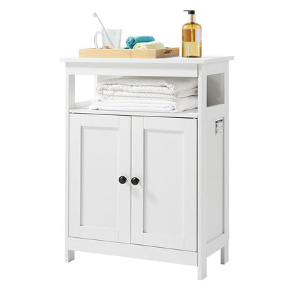 Bathroom Floor Cabinet, 3-Tier, Wooden Storage Organizer with 2 Doors and Adjustable Shelf, Modern Bathroom Furniture Home Decor Freestanding Cupboard for Kitchen/Living Room/Entryway Use, White