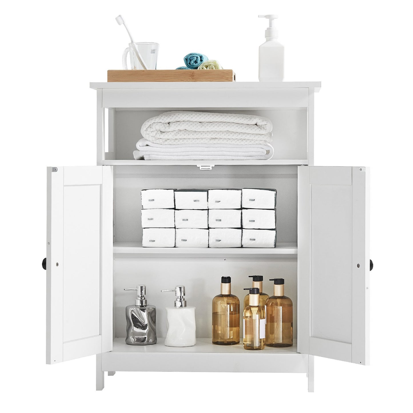 Bathroom Floor Cabinet, 3-Tier, Wooden Storage Organizer with 2 Doors and Adjustable Shelf, Modern Bathroom Furniture Home Decor Freestanding Cupboard for Kitchen/Living Room/Entryway Use, White