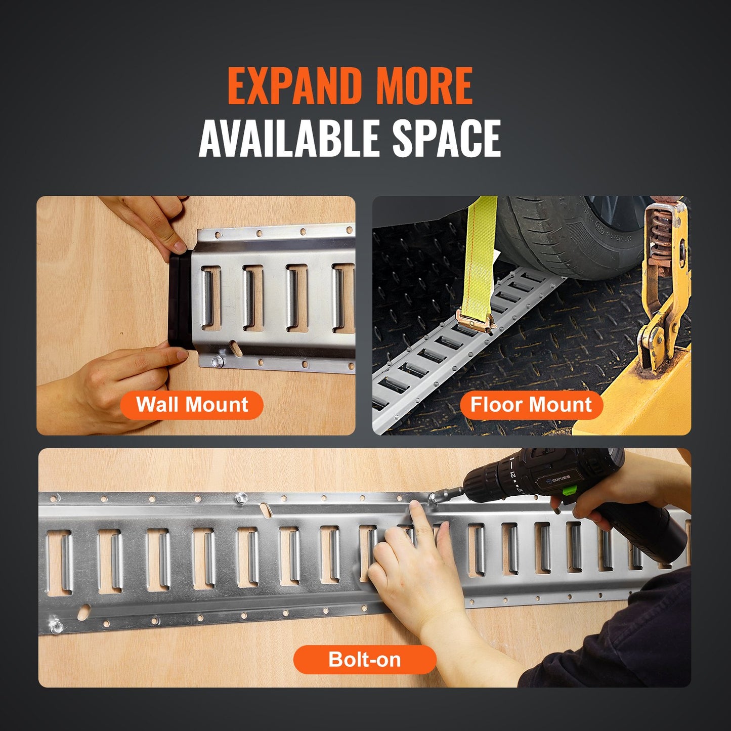 E-Track-Zurrschienen-Set, 34-teilig, 1,5 m E-Tracks-Set, bestehend aus 8 Stahlschienen, 2 Einzelschlitzschienen, 8 O-Ringen, 8 Zurrgurten mit D-Ring und 8 Endkappen, Befestigungszubehör für Ladung, Motorräder und Fahrräder