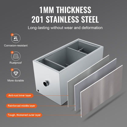 Gewerblicher Fettabscheider, 11,3 kg Fettabscheider, Fettabscheider mit oberem Zulauf, Untertisch-Fettabscheider aus Edelstahl, 6,4 GPM Abwasser-Öl-Wasser-Abscheider, für Restaurantkantine und private Küche