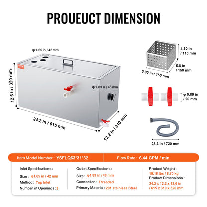 Gewerblicher Fettabscheider, 11,3 kg Fettabscheider, Fettabscheider mit oberem Zulauf, Untertisch-Fettabscheider aus Edelstahl, 6,4 GPM Abwasser-Öl-Wasser-Abscheider, für Restaurantkantine und private Küche