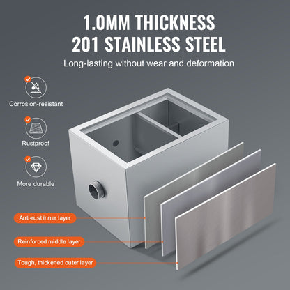 Gewerblicher Fettabscheider, 3,6 kg Fettabscheider, Fettabscheider mit oberem Zulauf, Untertisch-Fettabscheider aus Edelstahl, 2,8 GPM Abwasser-Öl-Wasser-Abscheider, für Restaurantkantine und private Küche