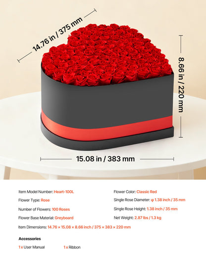 Ewige Blumen, 100 konservierte Rosen in einer herzförmigen Schachtel, Unvergänglicher Blumenstrauß, Geburtstagsgeschenk für Frauen, Ehefrauen, Mütter, Jahrestag, Valentinstag, Weihnachten, Rot