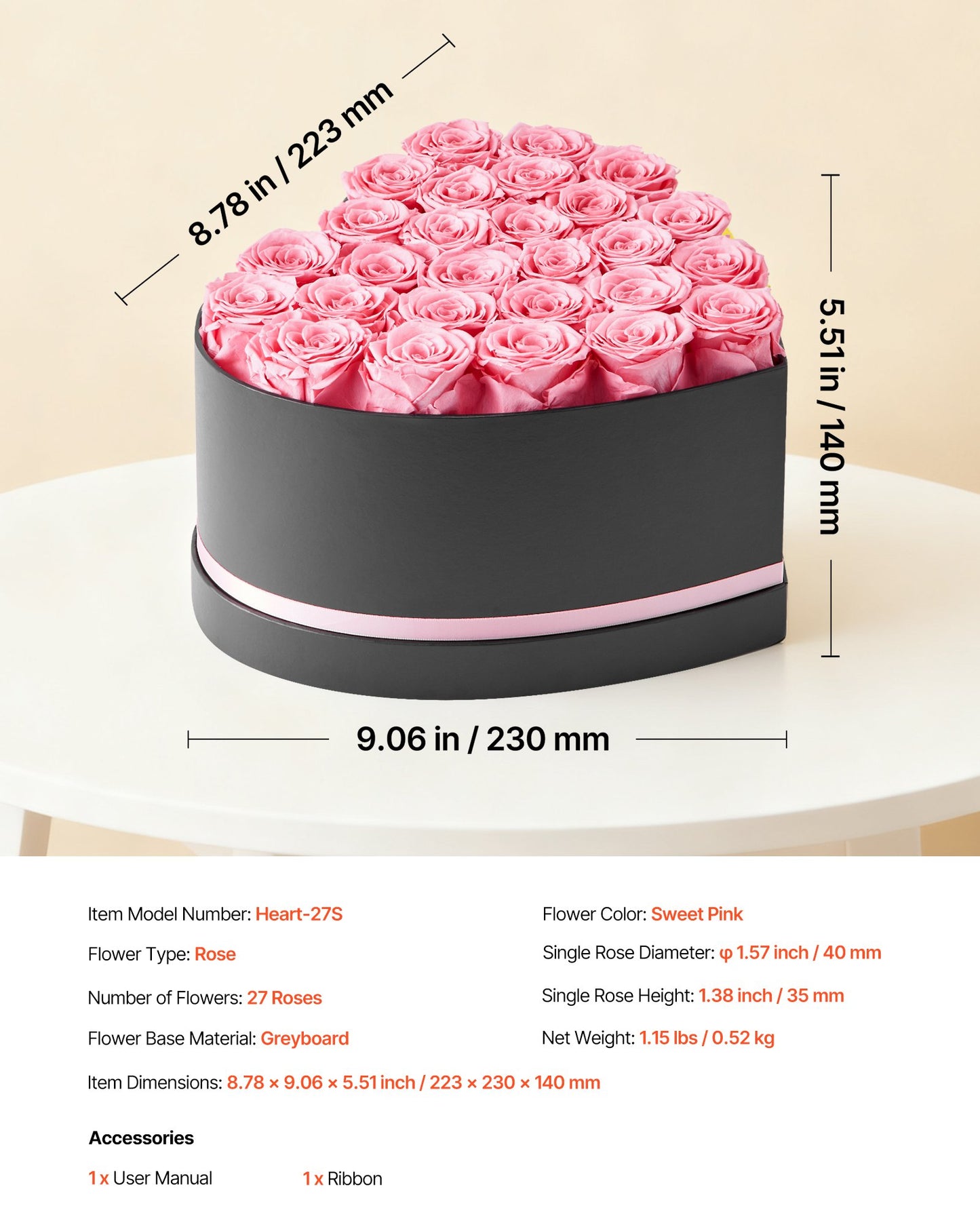 Ewige Blumen, 27 konservierte Rosen in einer herzförmigen Schachtel, Unvergänglicher Blumenstrauß, Geburtstagsgeschenk für Frauen, Ehefrauen, Mütter, Jahrestag, Valentinstag, Weihnachten, Rosa