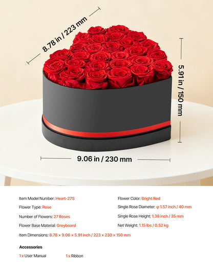 Forever Flowers, 27 konservierte Rosen in einer herzförmigen Box, ewiger Blumenstrauß, Geschenkidee zum Geburtstag, für Frauen, Ehefrauen, Mütter, zum Jahrestag, Valentinstag, Weihnachten, Rot