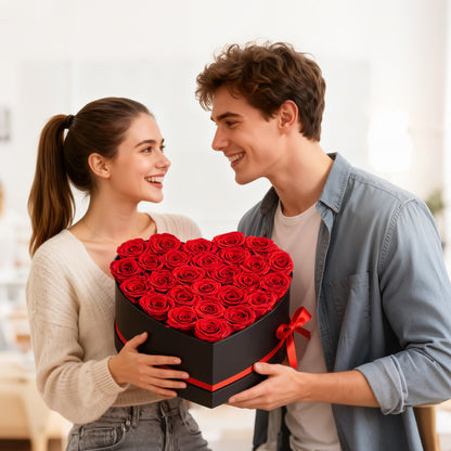 Forever Flowers, 27 konservierte Rosen in einer herzförmigen Box, ewiger Blumenstrauß, Geschenkidee zum Geburtstag, für Frauen, Ehefrauen, Mütter, zum Jahrestag, Valentinstag, Weihnachten, Rot