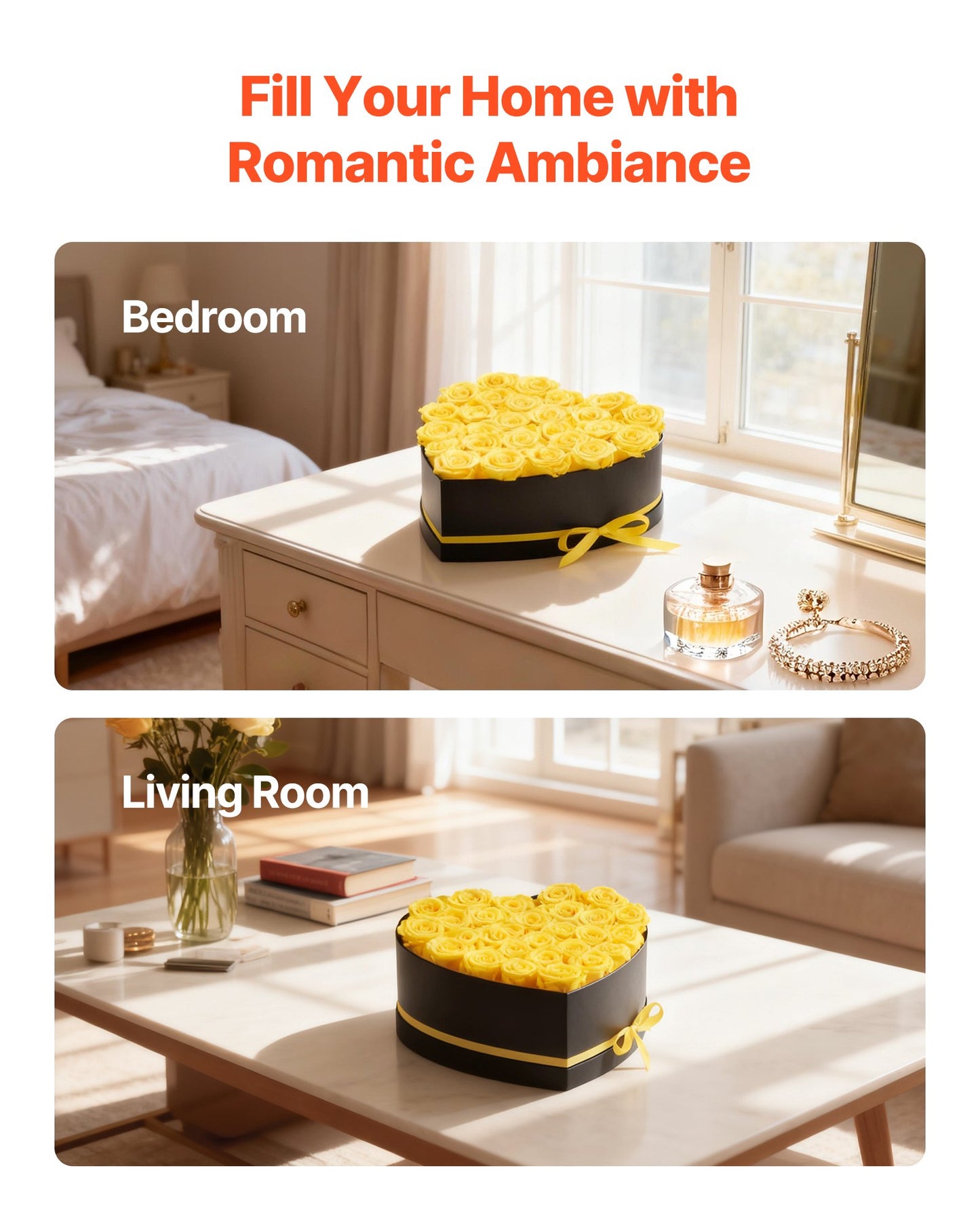 Ewige Blumen, 27 konservierte Rosen in einer herzförmigen Schachtel, Unvergänglicher Blumenstrauß, Geburtstagsgeschenk für Frauen, Ehefrauen, Mütter, Jahrestag, Valentinstag, Weihnachten, Gelb