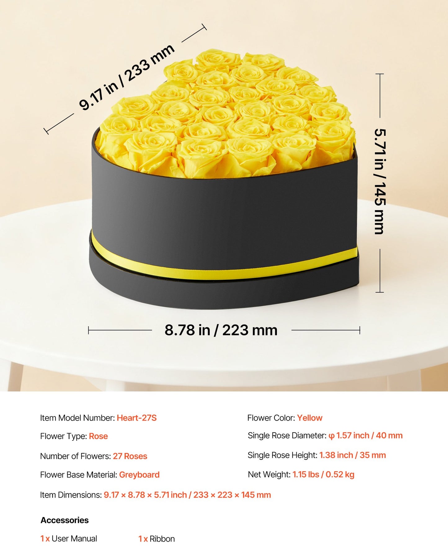 Ewige Blumen, 27 konservierte Rosen in einer herzförmigen Schachtel, Unvergänglicher Blumenstrauß, Geburtstagsgeschenk für Frauen, Ehefrauen, Mütter, Jahrestag, Valentinstag, Weihnachten, Gelb