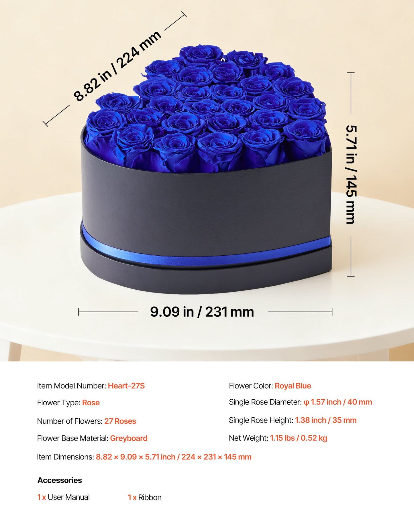 Ewige Blumen, 27 konservierte Rosen in einer herzförmigen Schachtel, Unvergänglicher Blumenstrauß, Geburtstagsgeschenk für Frauen, Ehefrauen, Mütter, Jahrestag, Valentinstag, Weihnachten, Königsblau