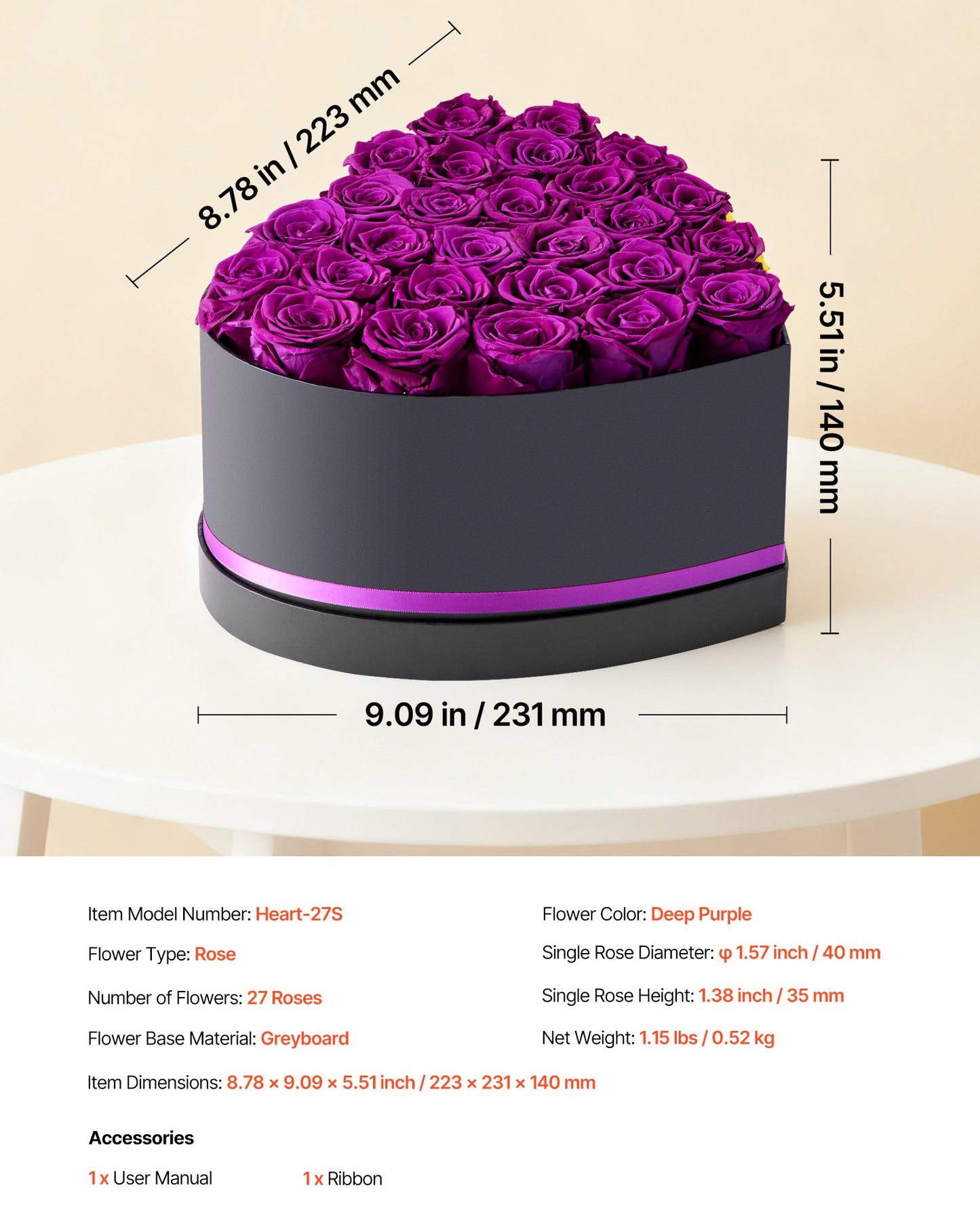 Ewige Blumen, 27 konservierte Rosen in herzförmiger Schachtel, Unvergänglicher Blumenstrauß, Geburtstagsgeschenk für Frauen, Ehefrauen, Mütter, Jahrestag, Valentinstag, Weihnachten, Lila