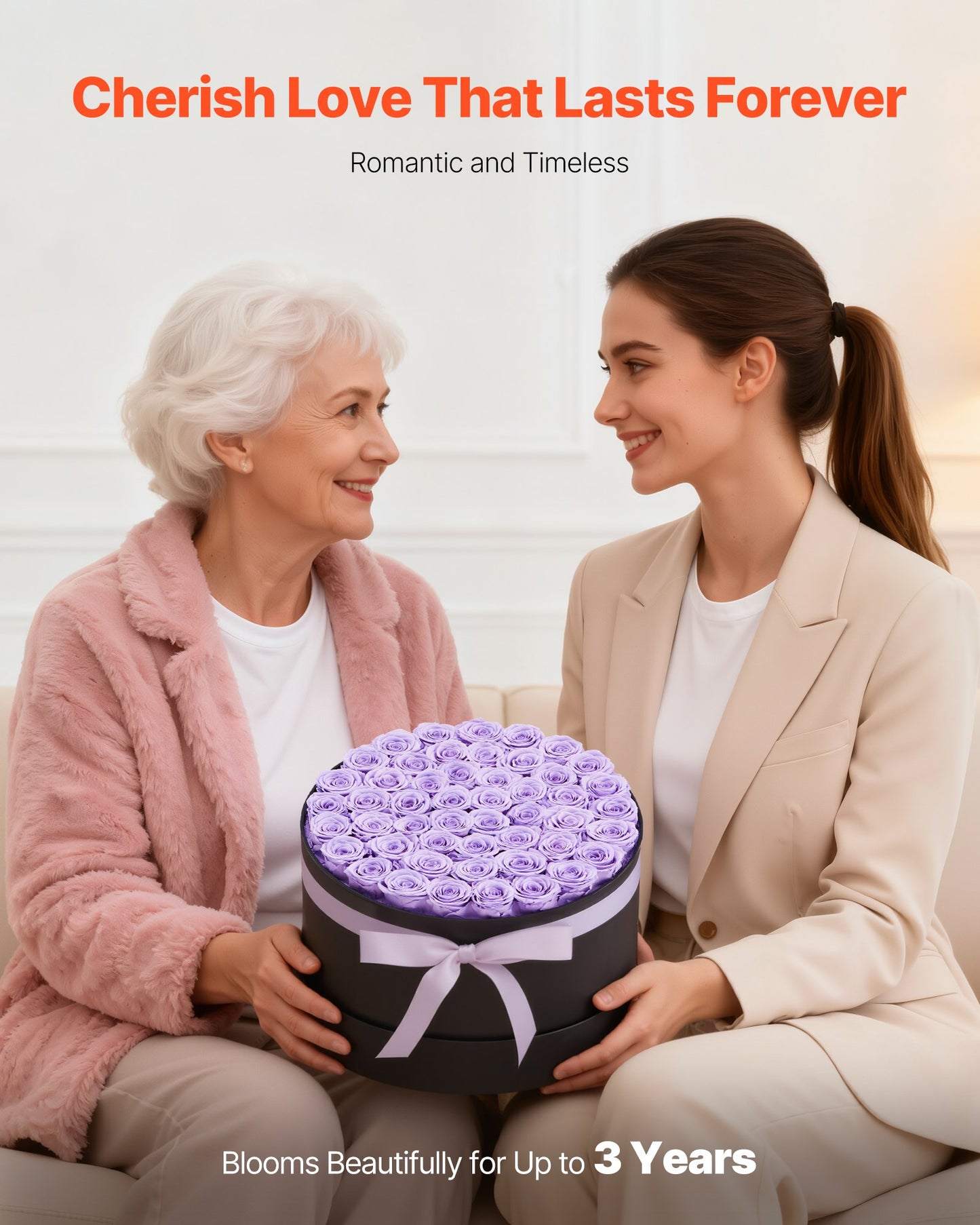 Ewige Blumen, 50 konservierte Rosen in einer Box, Unsterblicher Blumenstrauß, Geburtstagsgeschenk für Frauen, Ehefrauen, Mütter, Jahrestag, Valentinstag, Weihnachten, Lavendel-Lila