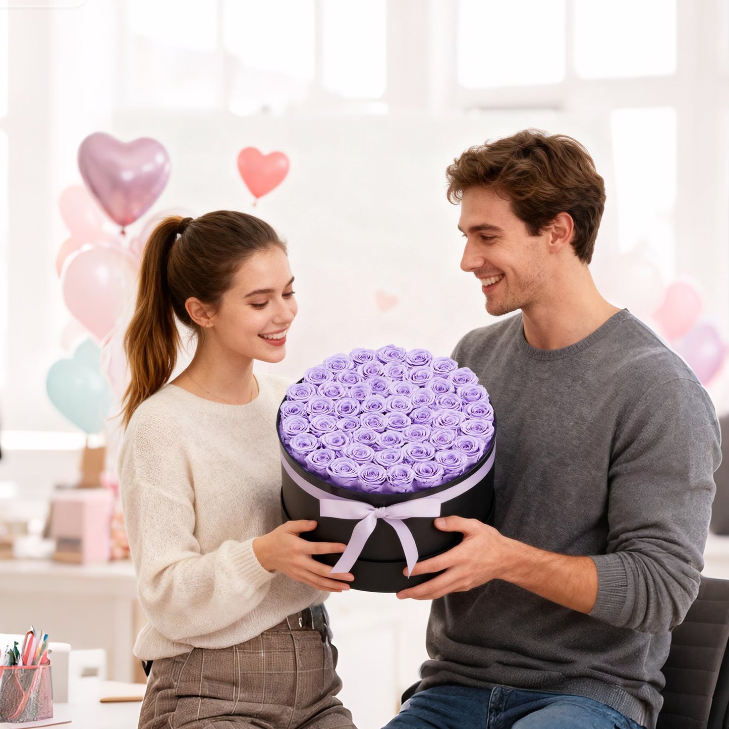 Ewige Blumen, 50 konservierte Rosen in einer Box, Unsterblicher Blumenstrauß, Geburtstagsgeschenk für Frauen, Ehefrauen, Mütter, Jahrestag, Valentinstag, Weihnachten, Lavendel-Lila