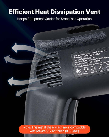 Electric Metal Shear, 4.0-Amp Corded Sheet Metal Cutter with 360-Degree Swivel Head, Variable Speed, Continuous Cutting, Clean Cut for 1.22 mm Galvanized Steel, 1 mm Stainless Steel, 2500 SPM