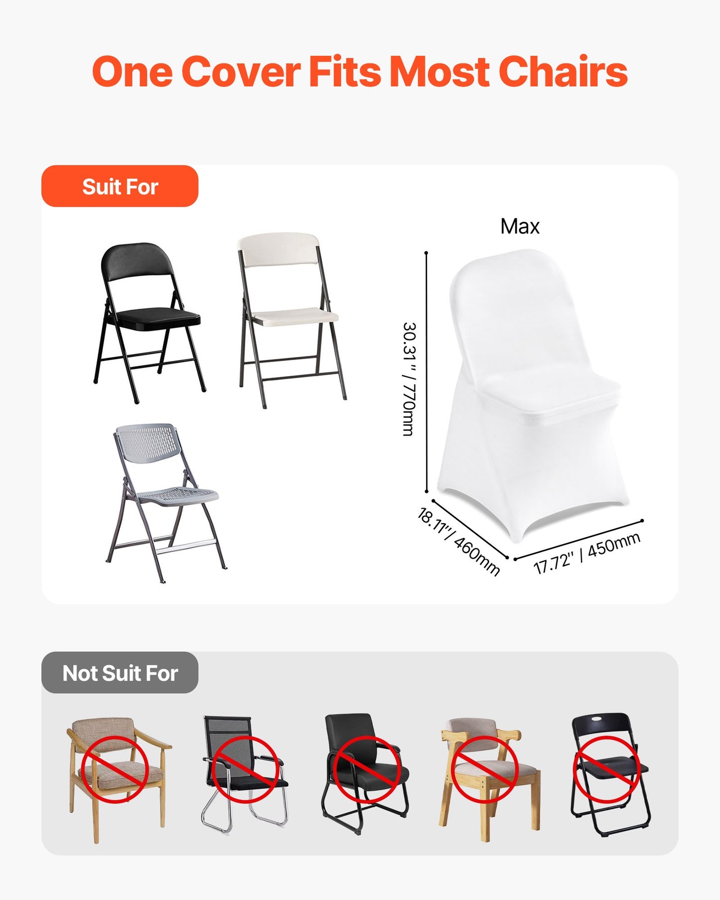 150 weiße Stuhlhussen aus Polyester-Spandex-Gemisch, dehnbare Überzüge für Hochzeitsfeiern, Bankette und andere festliche Anlässe, passend für Stühle mit Maßen bis zu 45 x 46 x 77 cm (17,72 x 18,11 x 30,31 Zoll).