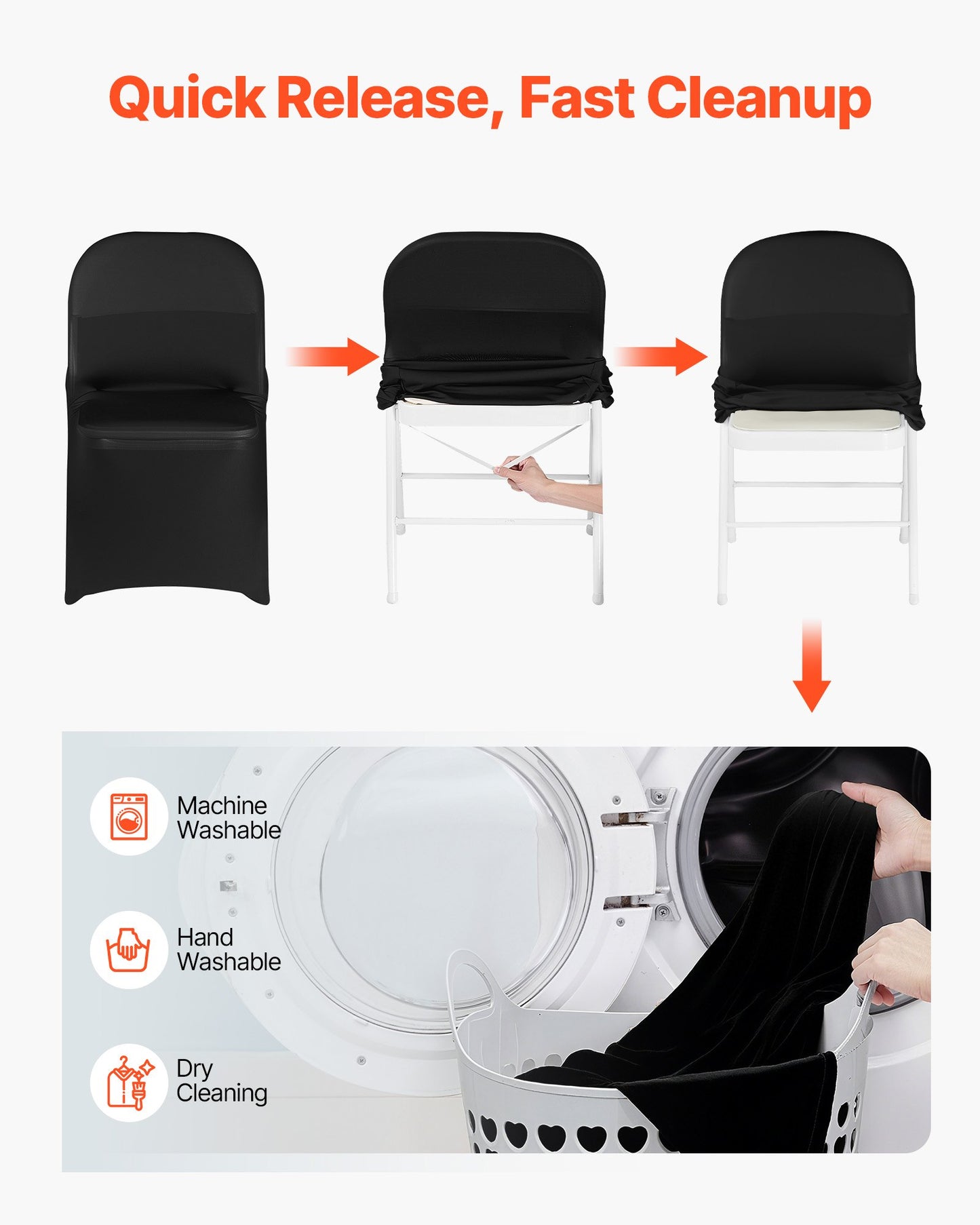 150 schwarze Stuhlhussen aus Polyester-Spandex-Gemisch, dehnbare Überzüge für Hochzeiten, Partys, Bankette und andere festliche Anlässe, passend für Stühle mit Maßen bis zu 45 x 46 x 77 cm (17,72 x 18,11 x 30,31 Zoll).