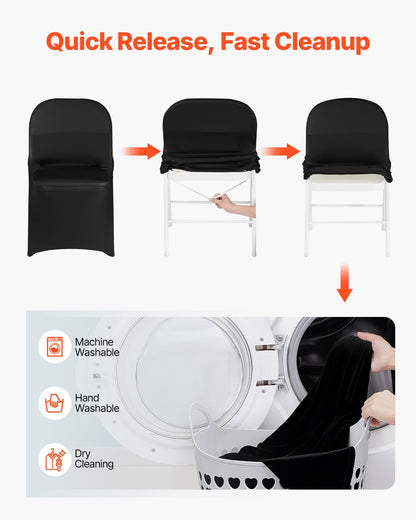 150 schwarze Stuhlhussen aus Polyester-Spandex-Gemisch, dehnbare Überzüge für Hochzeiten, Partys, Bankette und andere festliche Anlässe, passend für Stühle mit Maßen bis zu 45 x 46 x 77 cm (17,72 x 18,11 x 30,31 Zoll).