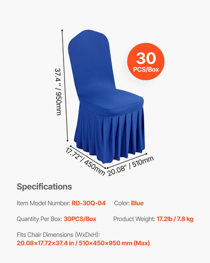 30 blaue Stuhlhussen aus Polyester-Spandex-Gemisch, dehnbare Überzüge für Hochzeitsfeiern, Bankette und andere fest installierte Stühle mit flacher Vorderseite, passend für Stühle bis zu 51 x 45 x 95 cm (20,08 x 17,72 x 37,4 Zoll).