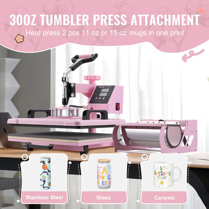Transferpresse 30,5 x 38,1 cm 5-in-1 mit 850,5 g Tumbler-Presse für T-Shirts in Rosa