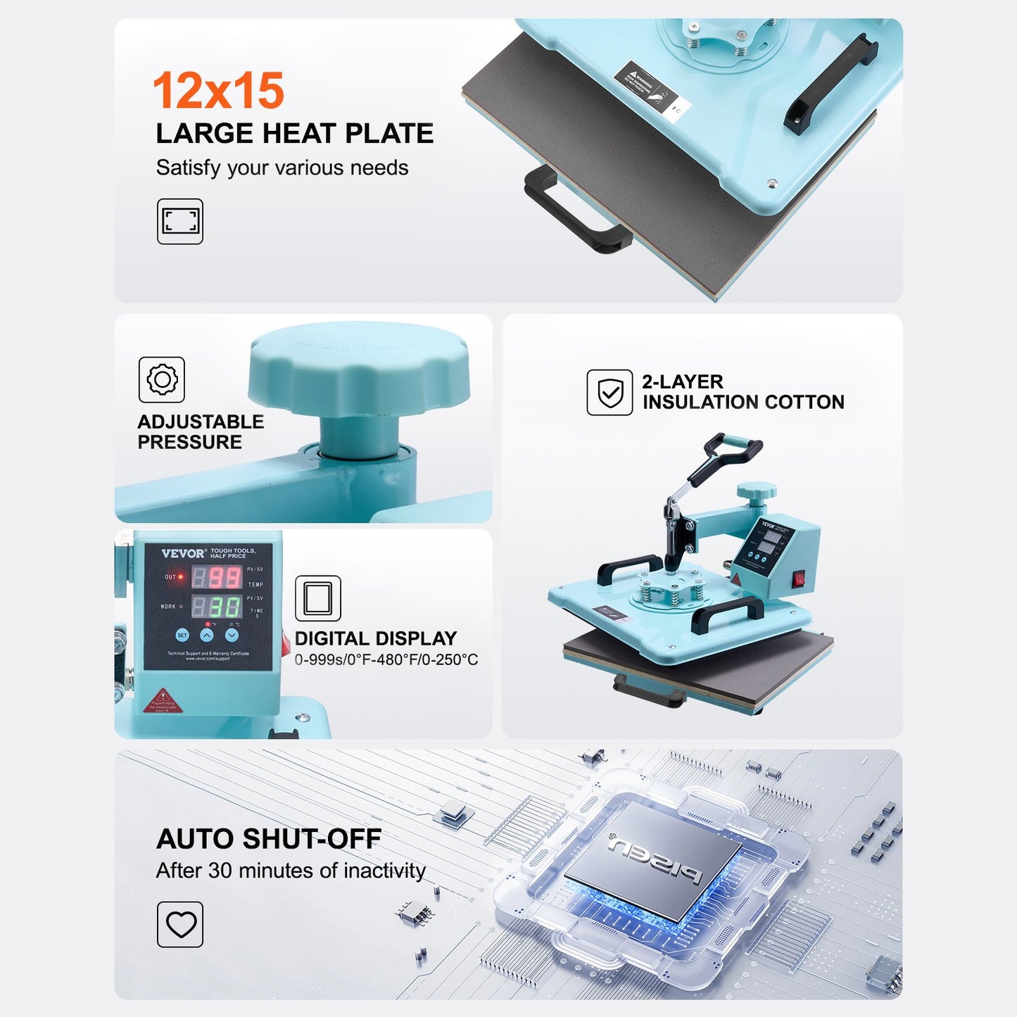 Heat Press Machine, 12 x 15 inch, 5 in 1 Heat Transfer Machine with 30 oz Tumbler Press, 360° Swing Away T-Shirt Pressing, Digital Precise Control, for T-Shirts/Mugs/Hats/Plates, Green