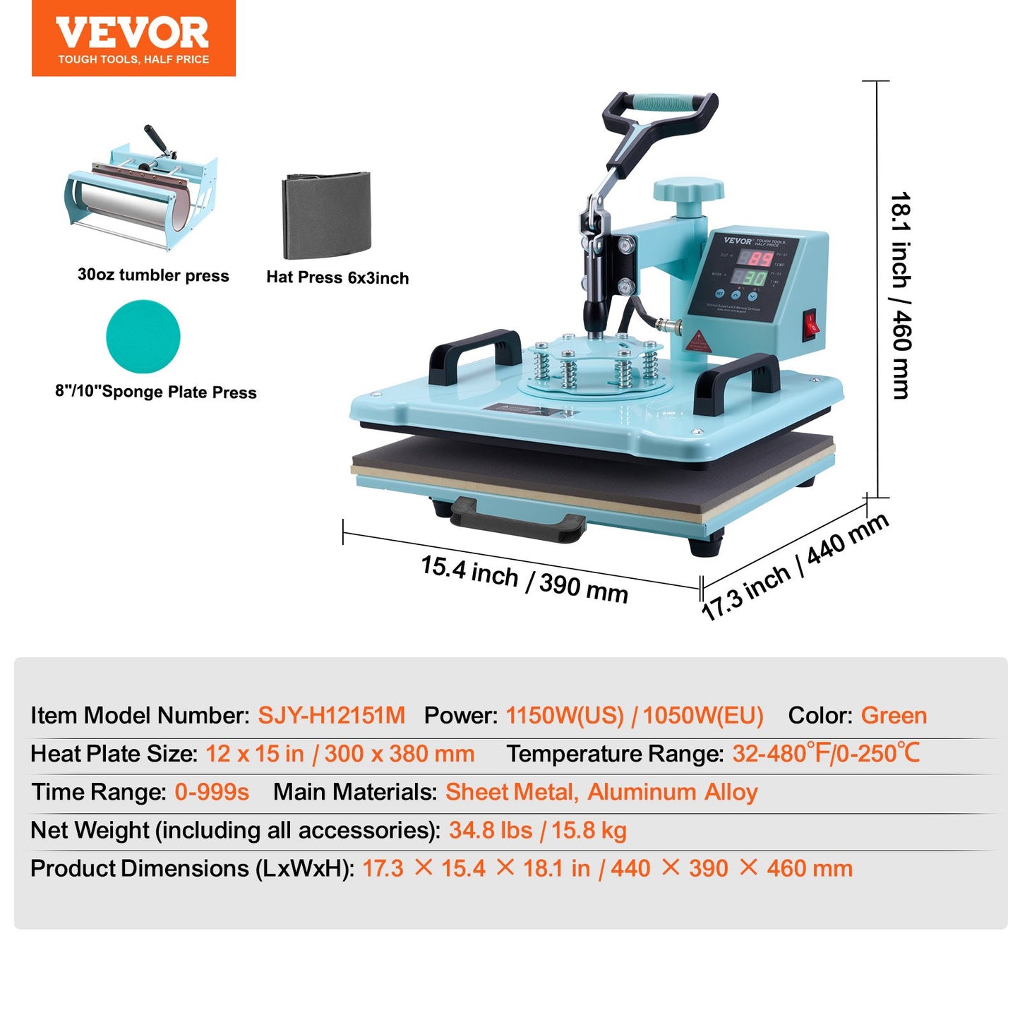Heat Press Machine, 12 x 15 inch, 5 in 1 Heat Transfer Machine with 30 oz Tumbler Press, 360° Swing Away T-Shirt Pressing, Digital Precise Control, for T-Shirts/Mugs/Hats/Plates, Green