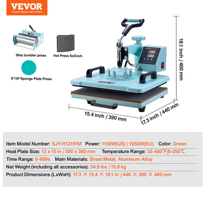 Heat Press Machine, 12 x 15 inch, 5 in 1 Heat Transfer Machine with 30 oz Tumbler Press, 360° Swing Away T-Shirt Pressing, Digital Precise Control, for T-Shirts/Mugs/Hats/Plates, Green