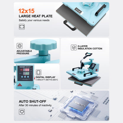 Transferpresse 300 x 380 mm 8 in 1 mit 850,5 g Trommelpresse für T-Shirts, Grün