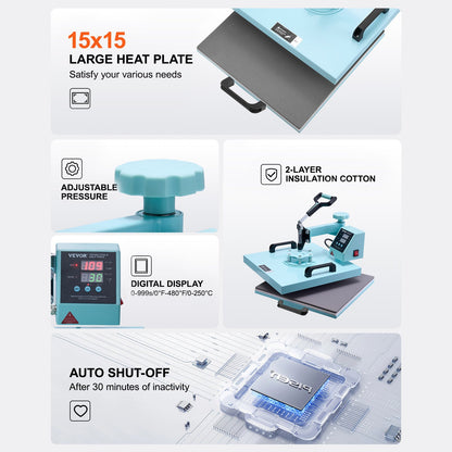 Transferpresse, 38 x 38 cm, 5-in-1-Transfermaschine mit 887 ml Becherpresse, 360°-Schwenkfunktion für T-Shirts, präzise digitale Steuerung, für T-Shirts, Tassen, Hüte und Teller, Grün