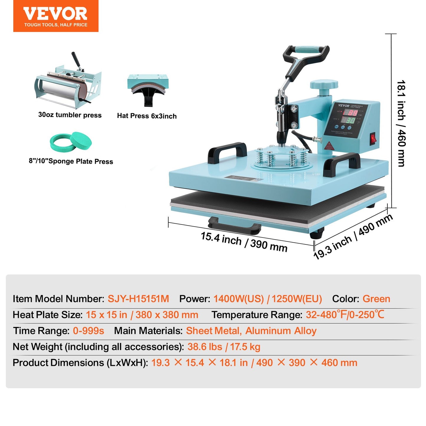 Transferpresse, 38 x 38 cm, 5-in-1-Transfermaschine mit 887 ml Becherpresse, 360°-Schwenkfunktion für T-Shirts, präzise digitale Steuerung, für T-Shirts, Tassen, Hüte und Teller, Grün