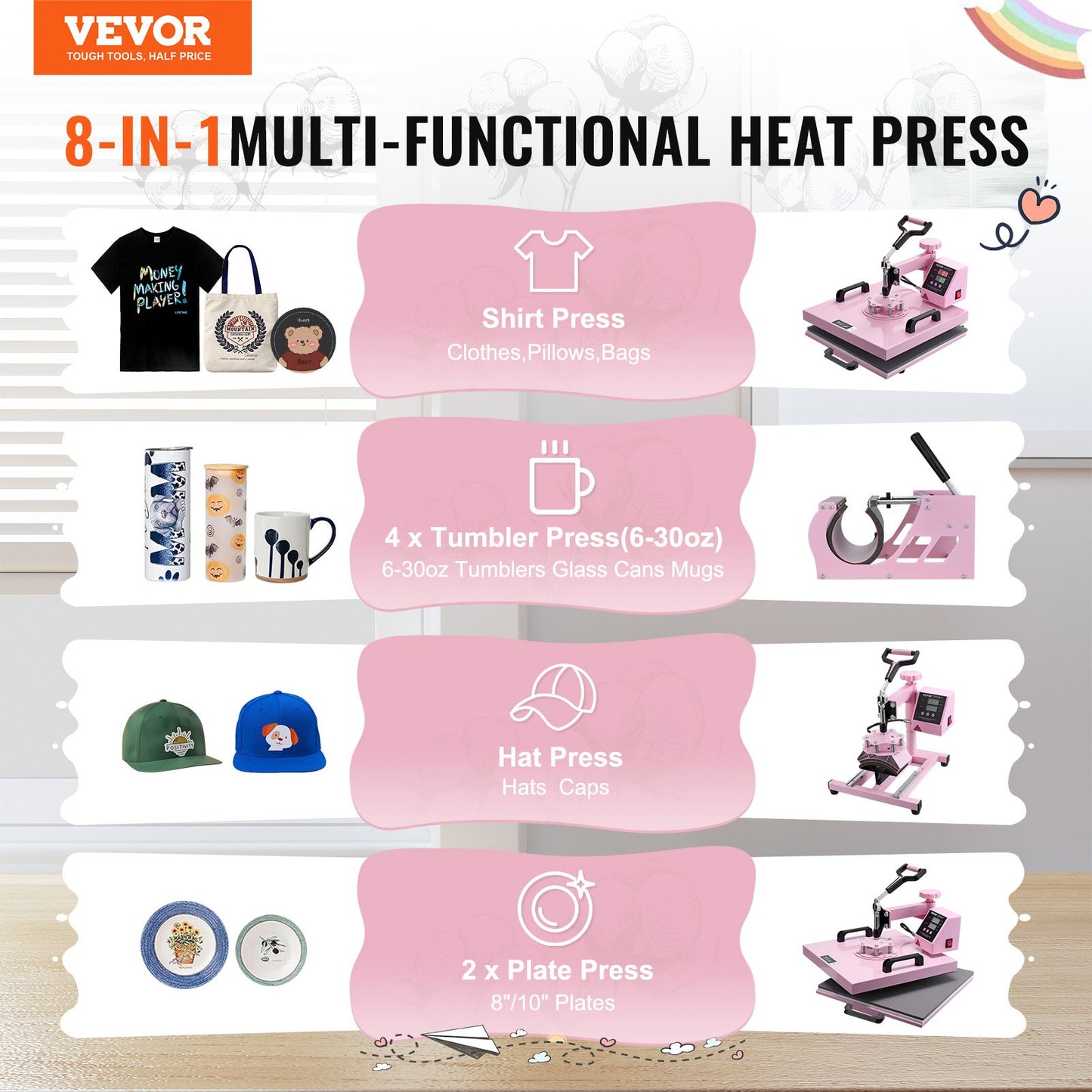 Heat Press Machine 38x38 cm 8 in 1 with 850.5 g Tumbler Press T-Shirts Pink