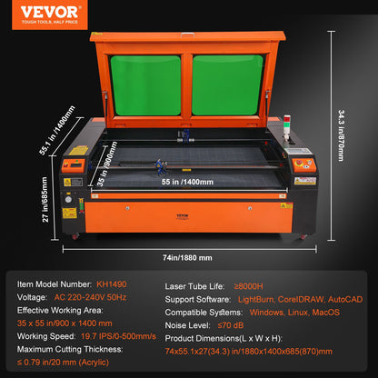 130-W-CO₂-Lasergravierer, 89 x 140 cm (35 x 55 Zoll), 500 mm/s (19,7 IPS) Laserschneidmaschine mit 2-Wege-Luftunterstützung, kompatibel mit LightBurn, CorelDRAW, AutoCAD, Windows, Mac OS, Linux, für Holz, Acryl, Stoff und mehr