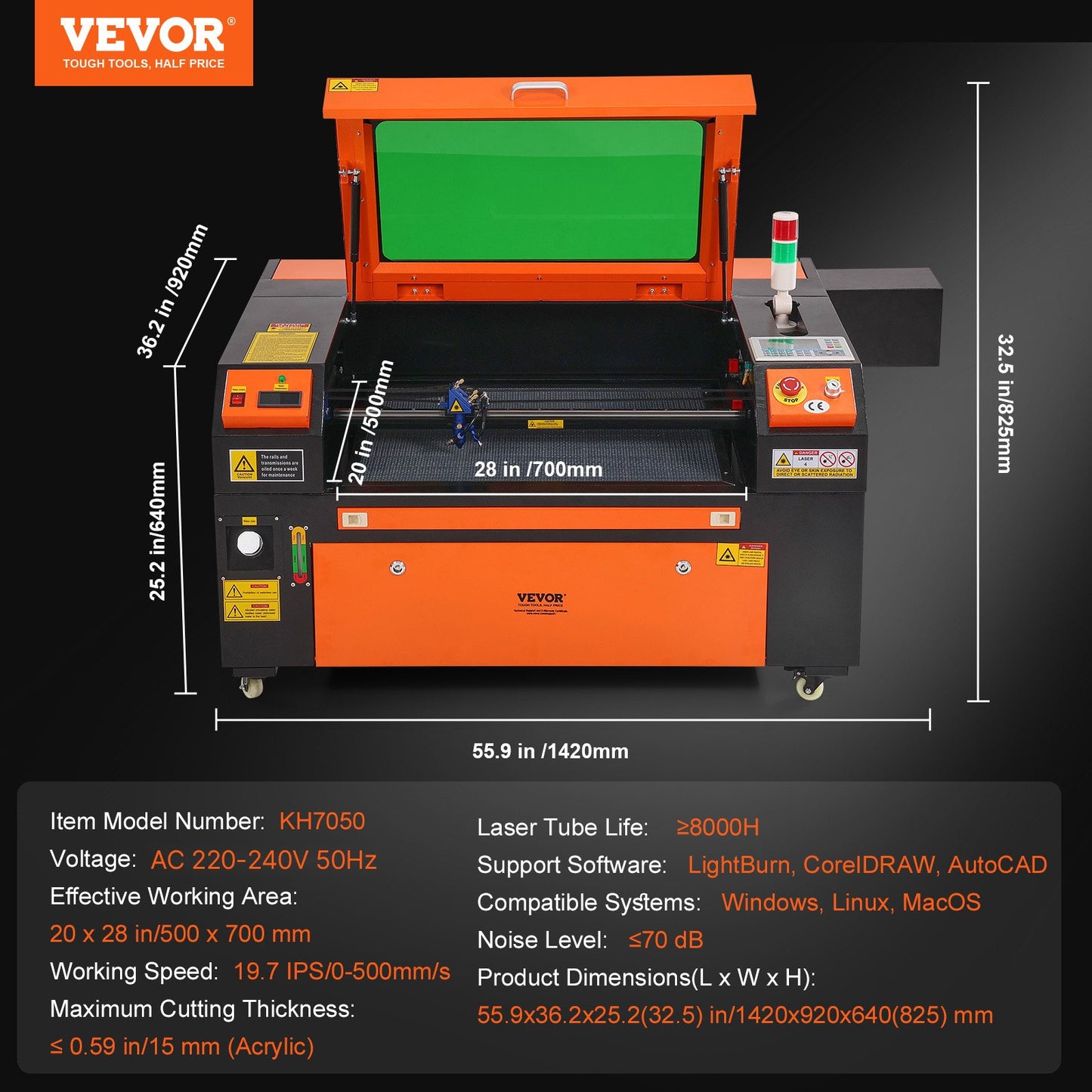 80W CO2 Laser Engraver, 51 x 71 cm(20 x 28 in), 500 mm/s(19.7 IPS) Laser Cutter Machine with 2-Way Pass Air Assist, Compatible with LightBurn, CorelDRAW, AutoCAD, Windows, Mac OS, Linux, for Wood Acrylic Fabric More