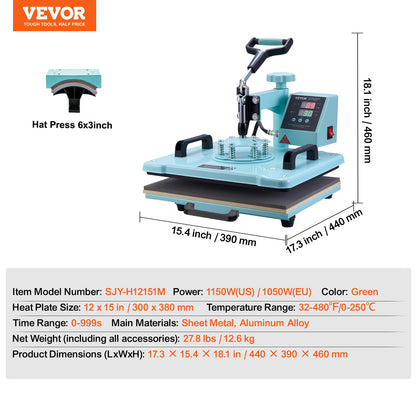 Transferpresse 30,5 x 38,1 cm 2-in-1-Transfermaschine für T-Shirts und Mützen